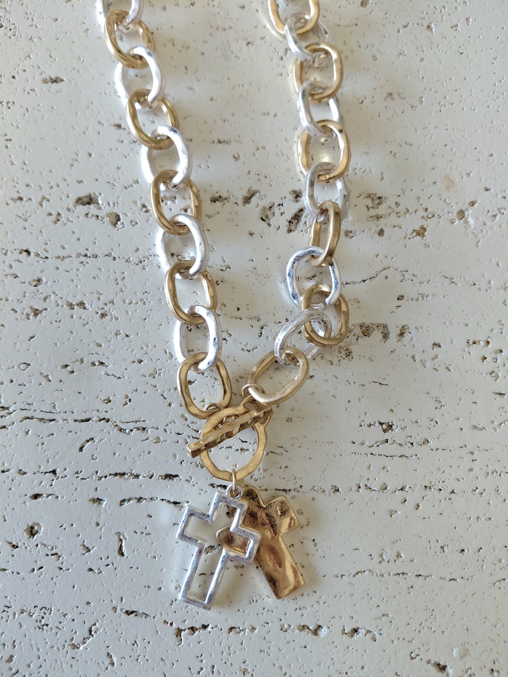 Two-Tone Cross Charm Chain Necklace — Gold & Silver